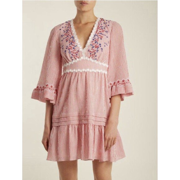 Saloni NWOT Red White Striped Ruffle June Embroidered Cotton Date Dress 4 - Picture 1 of 8